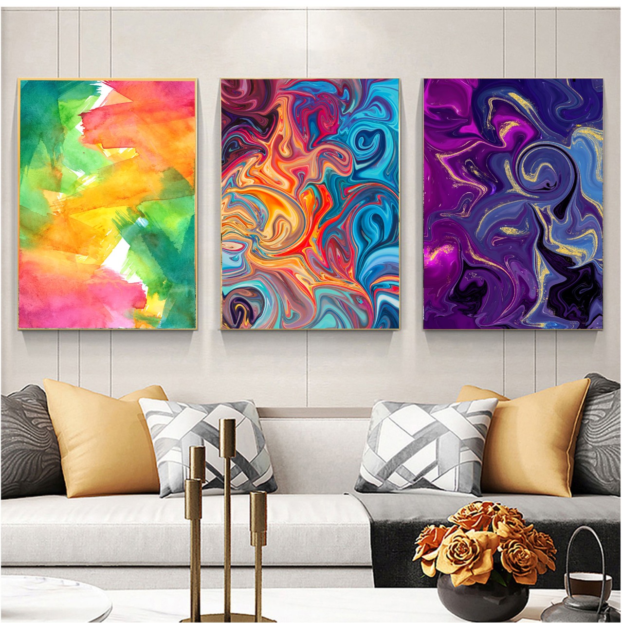TABLEAU  3 PIECES  ABSTRAIT 140 X 80 CM PLUS PORTRAIT GRATUI  