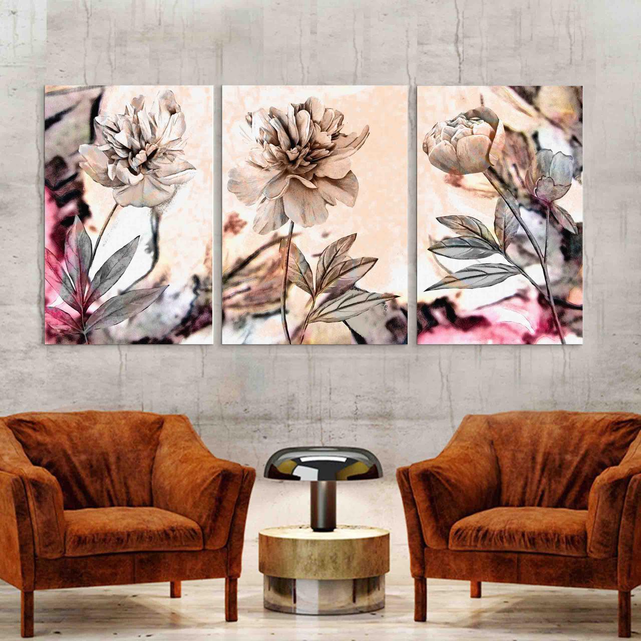 TABLEAU 3 PIECES FLEUR ABSTRAIT / 130 X 80 CM + PORTRAIT GRATUI