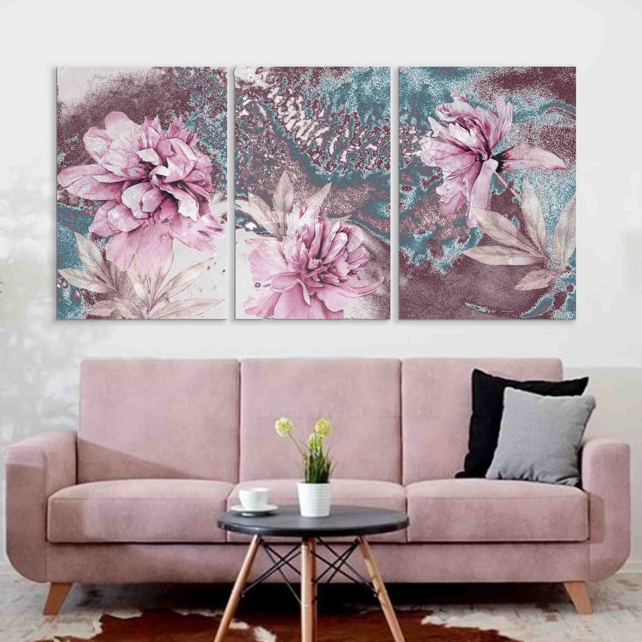 TABLEAU 3 PIECES FELUR ABSTRAIT ROS / 130 X 80 CM + PORTRAIT GRATUI